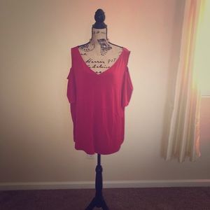 Red blouse with peak-a-boo shoulders